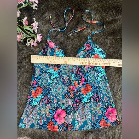 Laundry By Shelli Segal Turquoise Colorful Floral Paisley Ruffle Tankini Top M - Picture 3 of 8